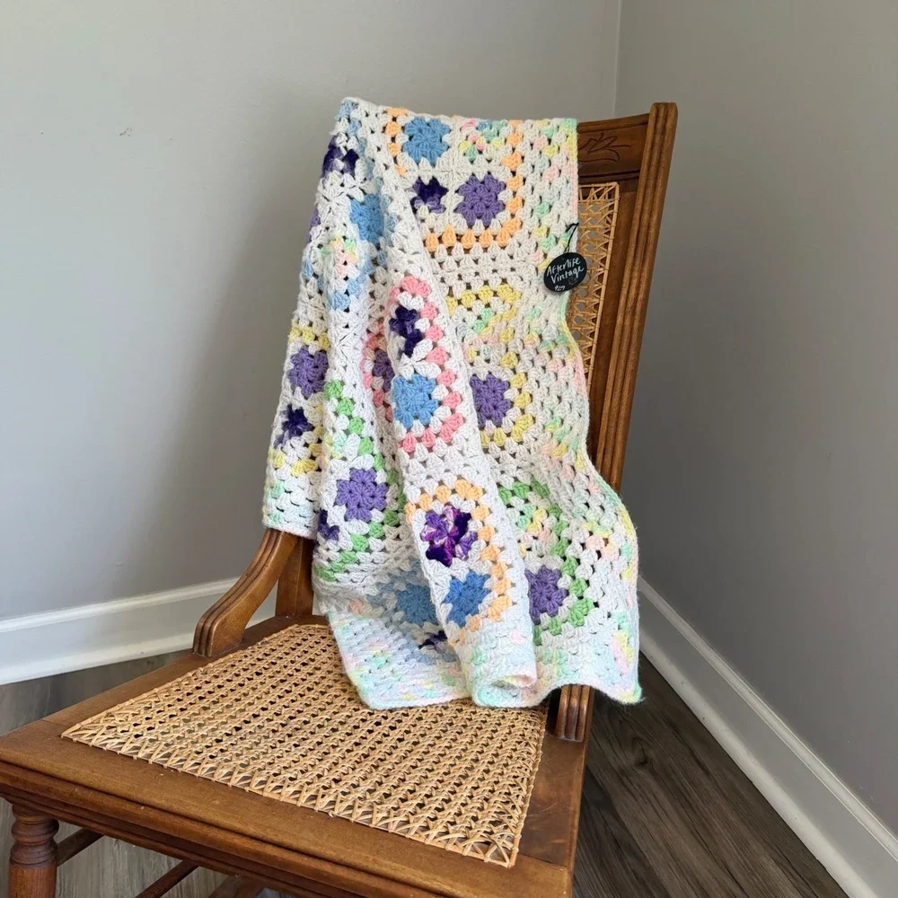 Handmade Crochet Granny Square Pastel Baby Blanket Vintage Patchwork Throw 33x42